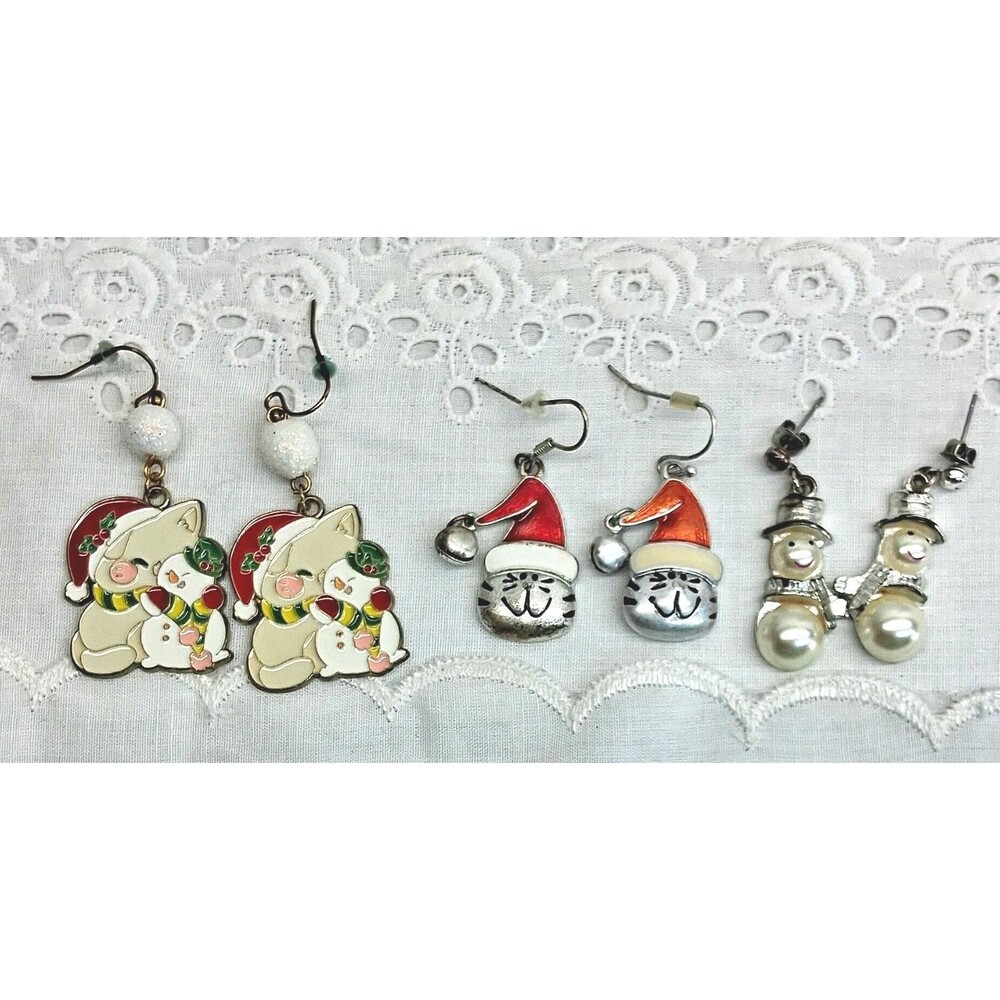 Christmas Holiday Dangle Earrings Mixed Lot 3 Pairs Metal Enamel Snowman Cat